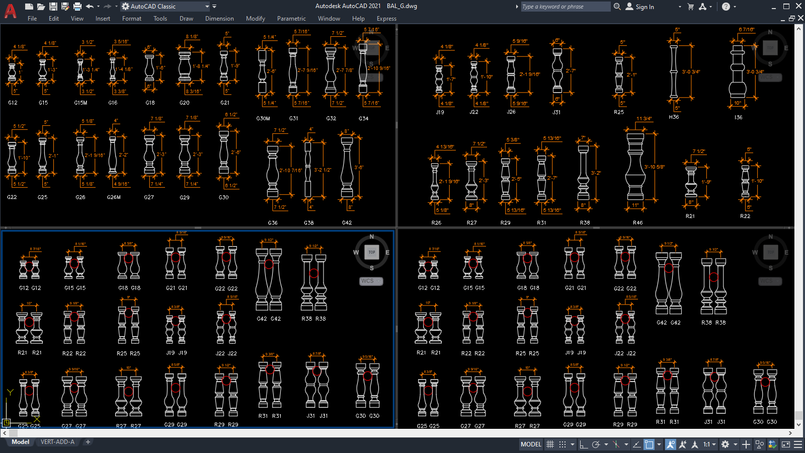 Standard balusters elevation blocks [DWG, PDF, RFA]