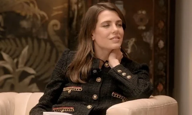 Charlotte Casiraghi wore a black tweed jacket with gold buttons from Chanel. Fanny Arama, Camille Laurens and actress Lyna Khoudri