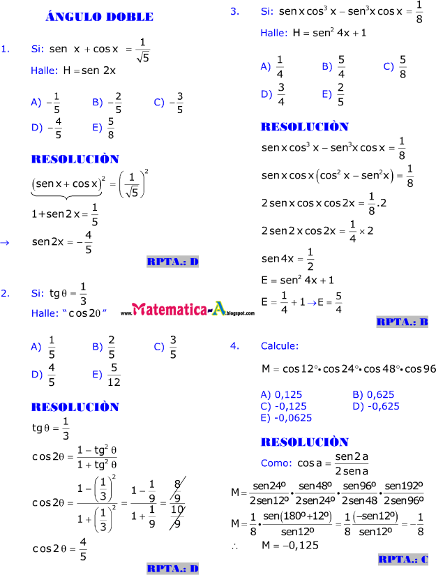 Matematicas Problemas Resueltos ángulo Doble Ejercicios Desarrollados Imprimir Gratis