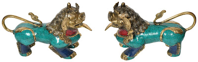 Leonine Temple Guards Made Of Brass with Inlay Statue