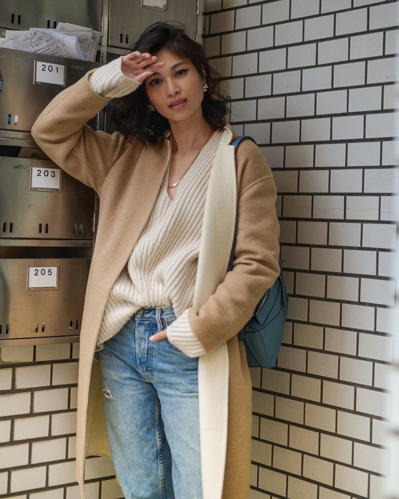 Camel and beige coat outfit, Loewe Puzzle Bag in stone blue, simple outfits in Daikanyama, Tokyo streetstyle, New York personal style blogger - Press to Resume / 012019 - FOREVERVANNY.com