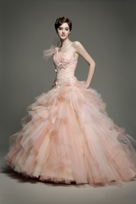 Honey Buy: pink one shoulder Diamond Tulle wedding dress