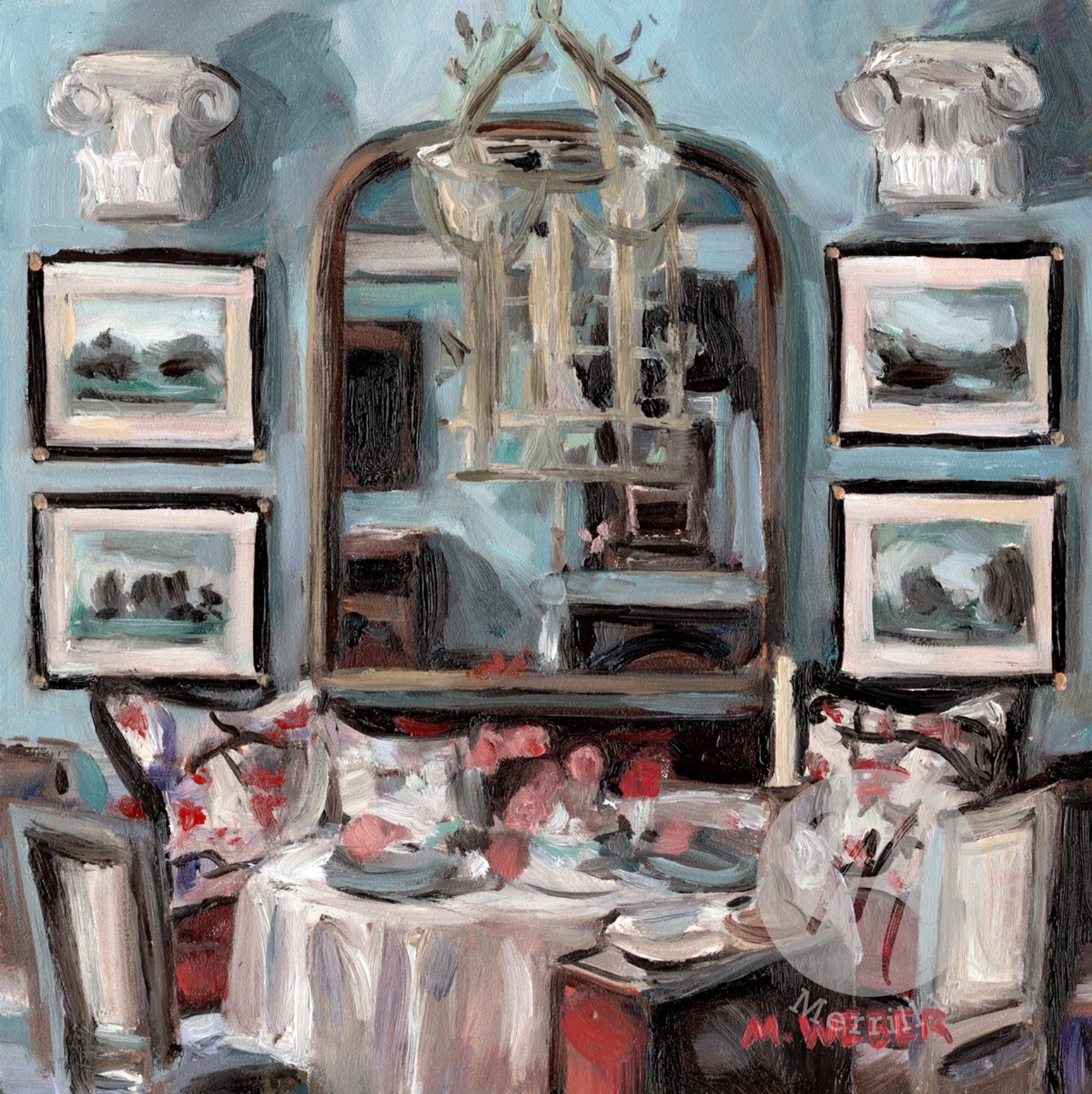 MERRILL WEBER ART CELESTIAL BLUE DINING ROOM, ROOM INTERIOR OIL PAINTING