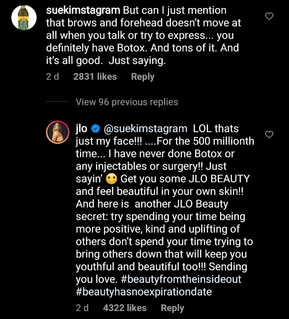 "I have never done Botox or surgery" Jennifer Lopez Slams back after followers accused her of false advertising when she credited her JLo Beauty face mask for youthful skin
