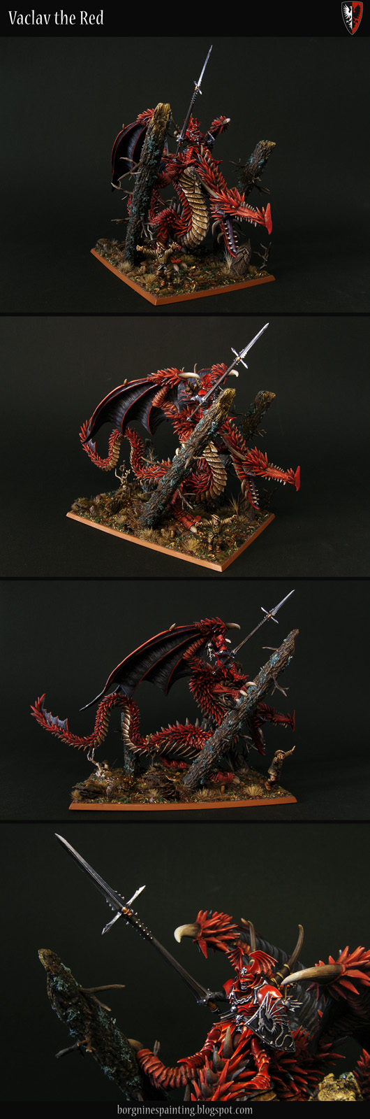 A Vampire Lord miniature riding a heavily converted High Elf Dragon, one from Imrik. The dragon is covered in pointy scales, made out of greenstuff painted red and is going through a forest, felling down trees. The whole diorama-like composition is visible from several angles and usable in WFB or AoS. The last picture shows up a close-up on the vampire rider.