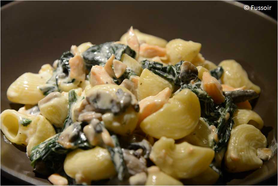 Fussoir Pâtes au saumon fumé, aux épinards et aux champignons