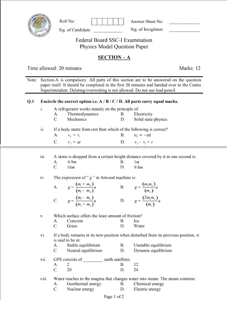 FBISE Class 9 Physics model paper new with pattern & scheme of studies