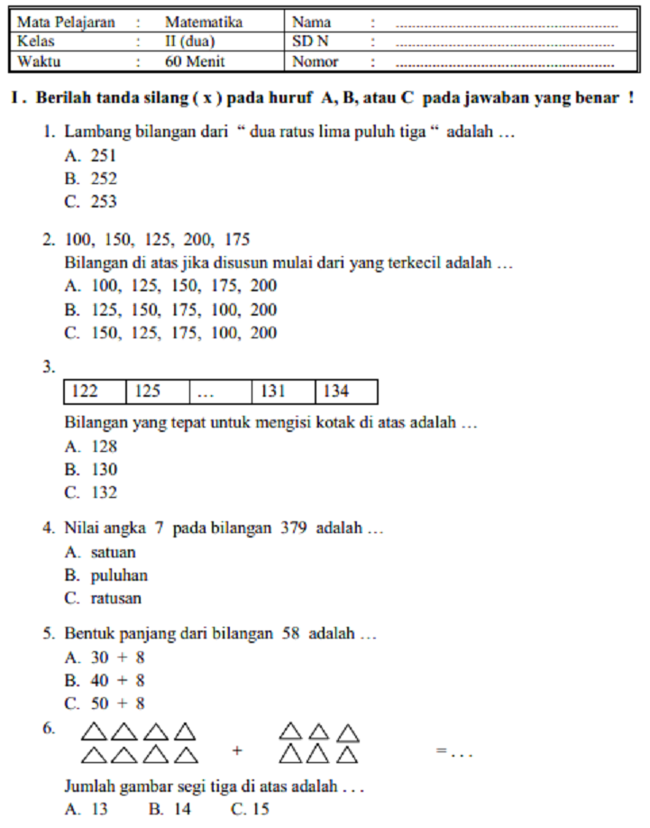 SOAL DAN JAWABAN LATIHAN UAS MATEMATIKA KELAS 2 SD/MI SEMESTER 1