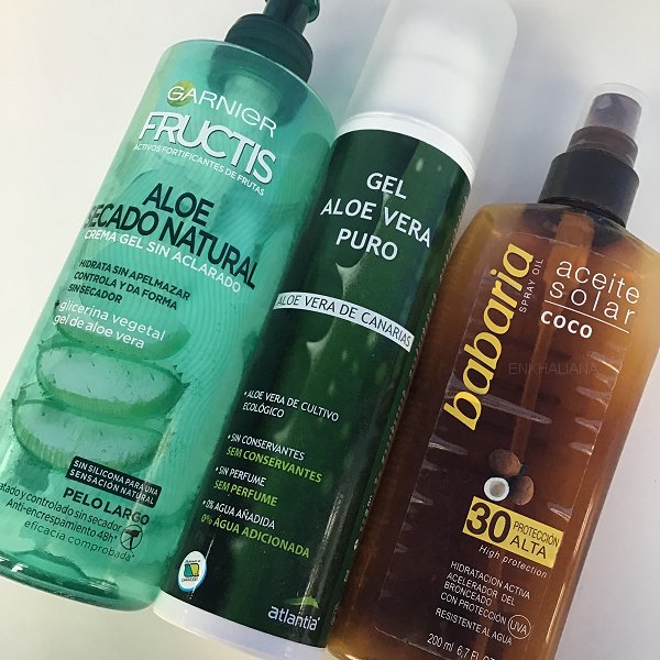 Atlantia Gel Aloe Puro / Garnier Fructis Aloe Secado Natural / Babaria Aceite Solar Coco 30 FP
