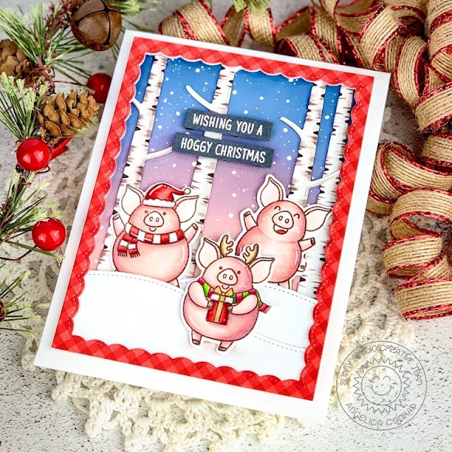 Sunny Studio Stamps: Hogs & Kisses Rustic Winter Scenic Route Woodland Borders Fancy Frame Dies Winter Themed Christmas Card by Angelica Conrad