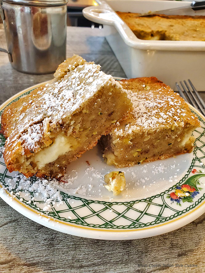 Zucchini Cream Cheese Filled Banana Cake A delicious cake that is filled with cream cheese inside the batter is made with zucchini and ripe bananas