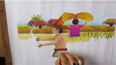 Menggambar pemandangan desa saat petani memanen padi di ladang Tutorial menggambar pemandangan desa saat petani memanen padi di ladang