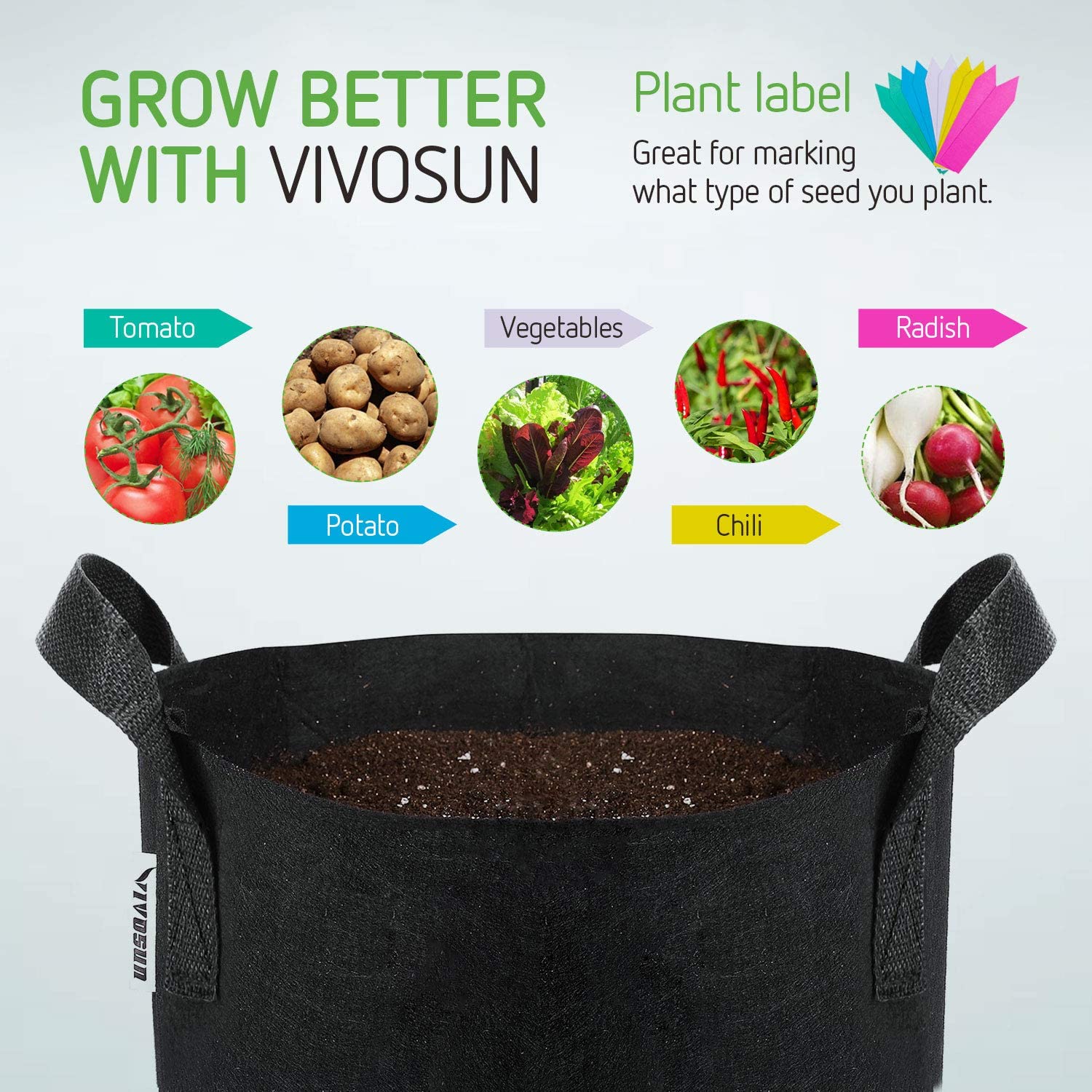 VIVOSUN fabric grow bags readily breathe, keeping roots and soil oxygenated and cool throughout the year.