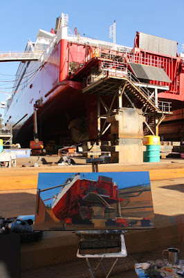 Plein air oil painting  of Spirit of Tasmania 1 in Garden Island Drydock  painted by industrial heritage artist Jane Bennett