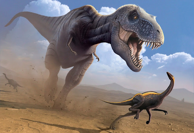Картина английского палеохудожника Марка Гарлика.  Огромный тираннозавр пытается схватить быстроногого орнитомима
