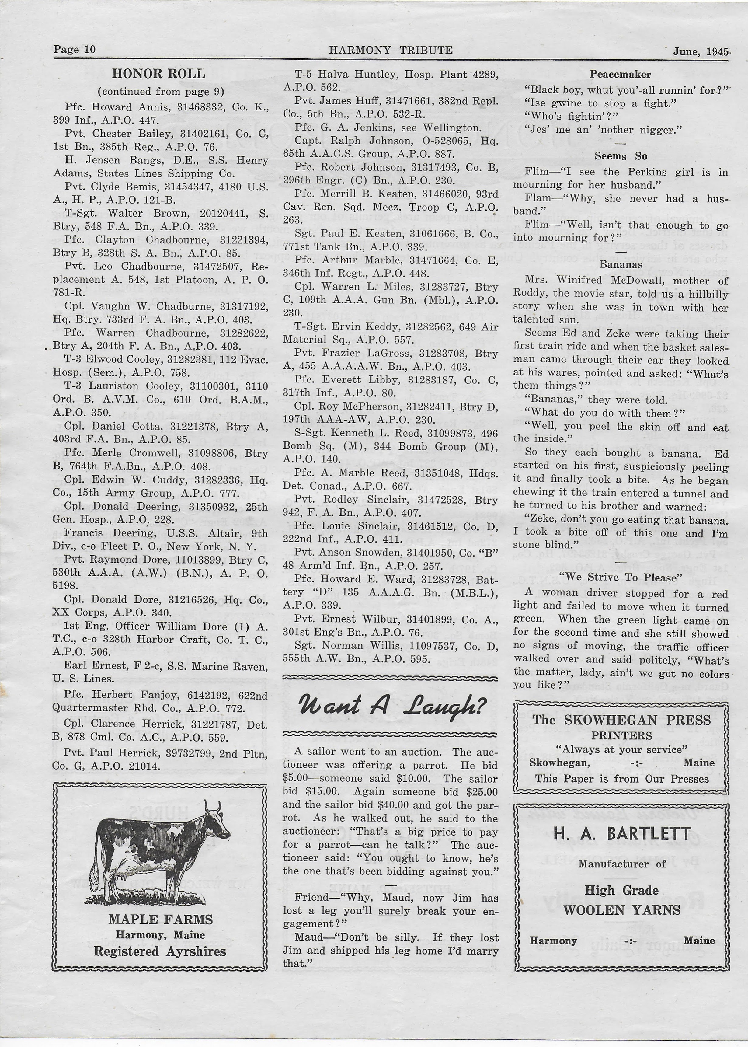 Heirlooms Reunited June 1945 Issue of the Harmony Tribute of Harmony