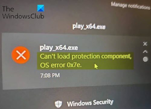 Impossibile caricare il componente di protezione, errore del sistema operativo 0x7e