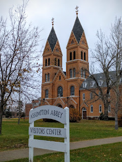 St Mary's Church and sign for Assumption Abbey, Richardton, ND