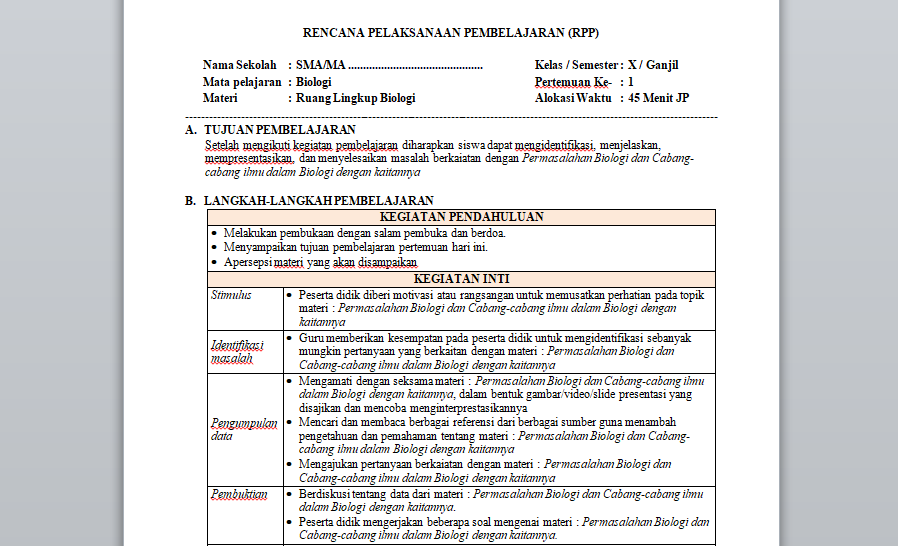 RPP 1 Lembar Biologi Kelas 10 Semester 1 & 2 Harian Madrasah
