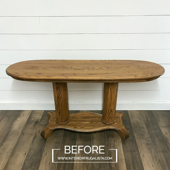 A long oval golden oak empire style console table makeover with French Country Charm with a gorgeous Chatellerault furniture transfer and green paint.