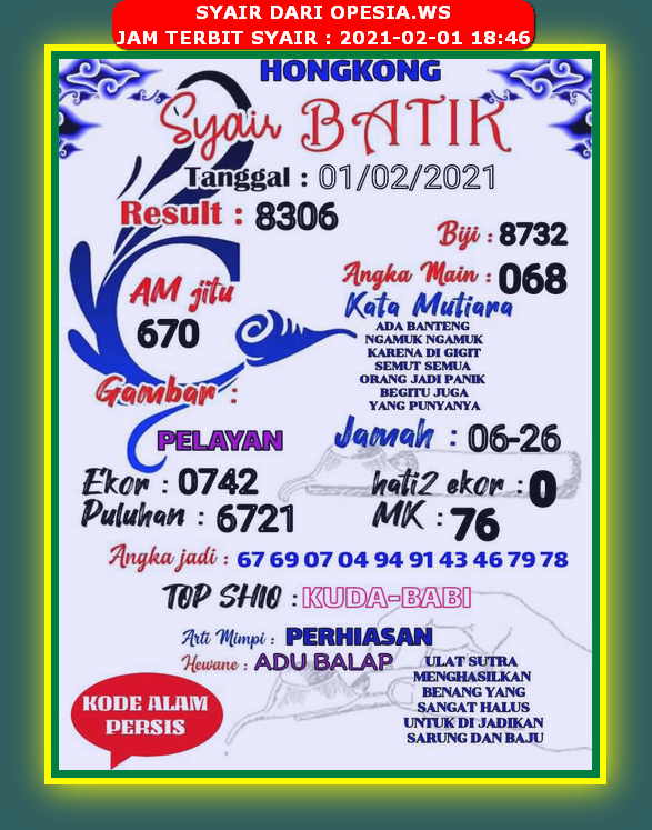 Syair Hongkong Senin 1 Februari 2021 Royal Syair