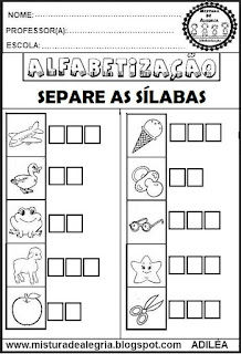 Atividades para alfabetização,separação silábica