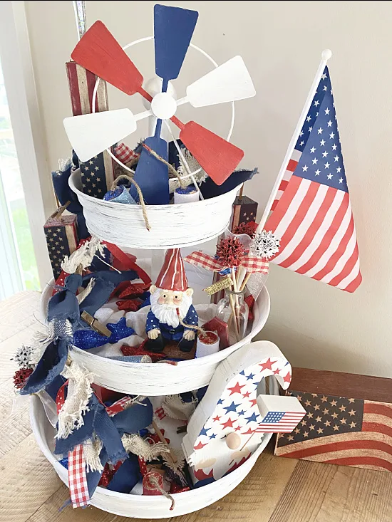 tiered tray with red white and blue