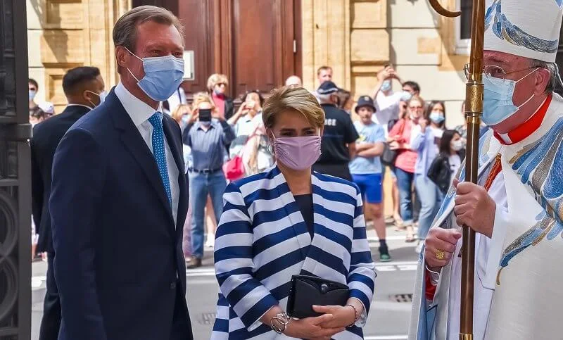 Grand Duchess Maria Teresa wore a blue striped satin jacket from Maison Rabih Kayrouz