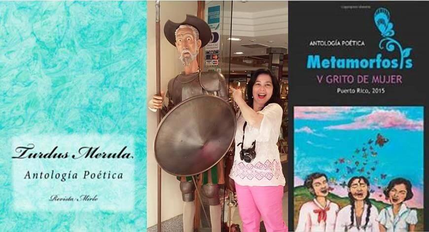 Libros de Mara Daisy Cruz: Turdus Merula (Antología poètica), Mara Daisy Cruz junto a una estatua del Quijote y Metamorfosis y grito de mujer (Antología poética)