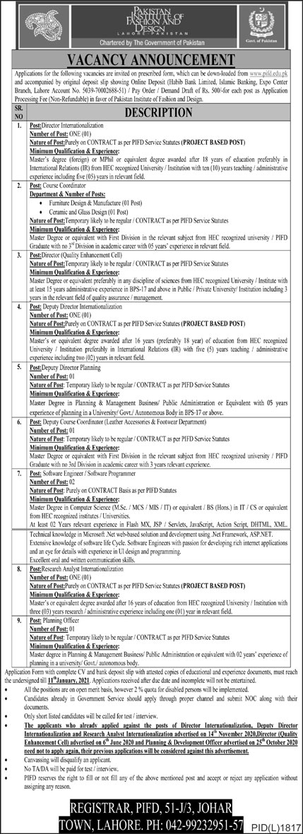 Pakistan Institute Of Fashion And Design Deputy Director Jobs 2021