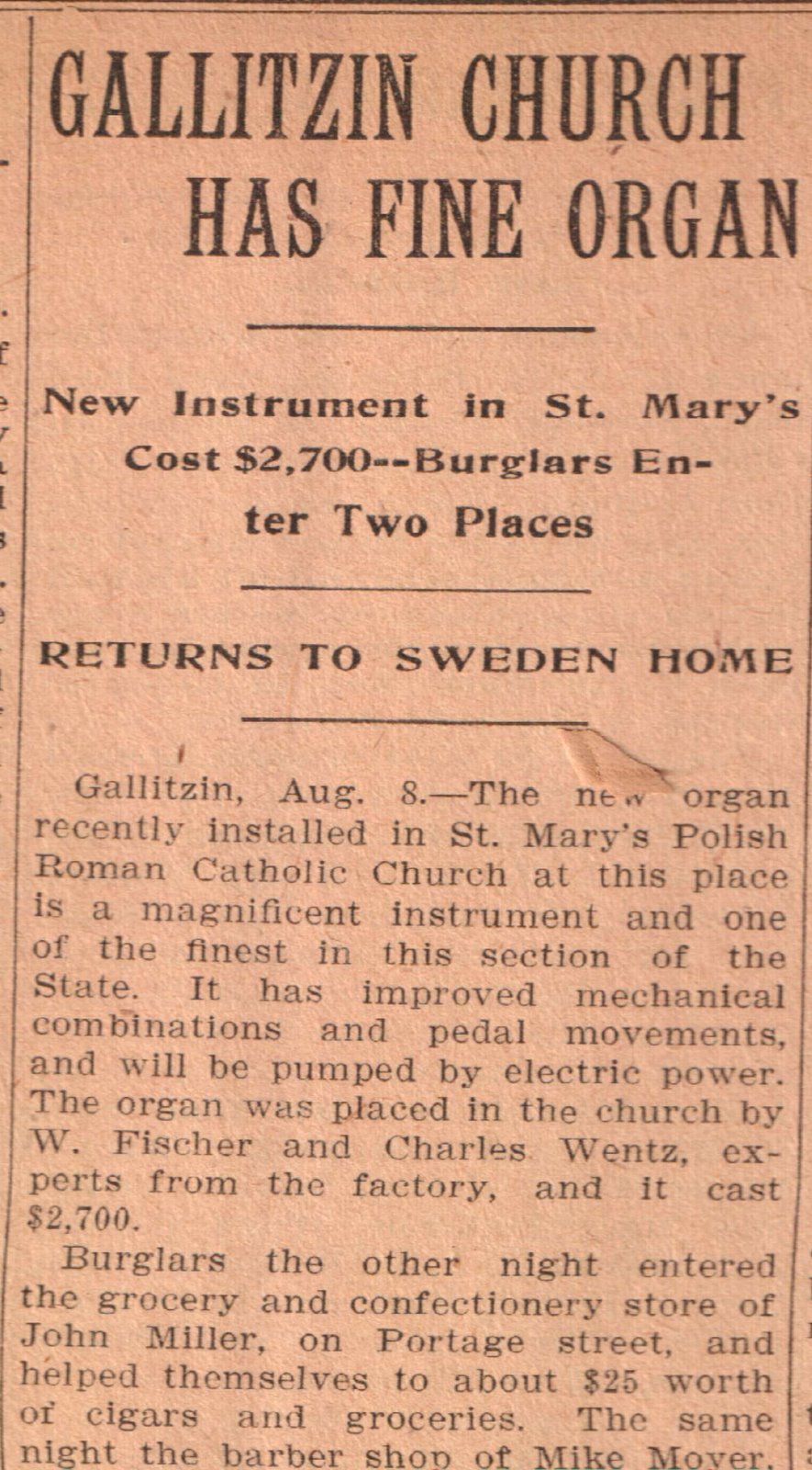 Vintage Johnstown Gallitzin Church Has Fine Organ 1907