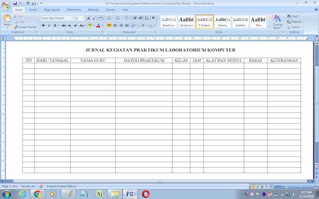 Format jurnal kegiatan praktikum di laboratorium komputer