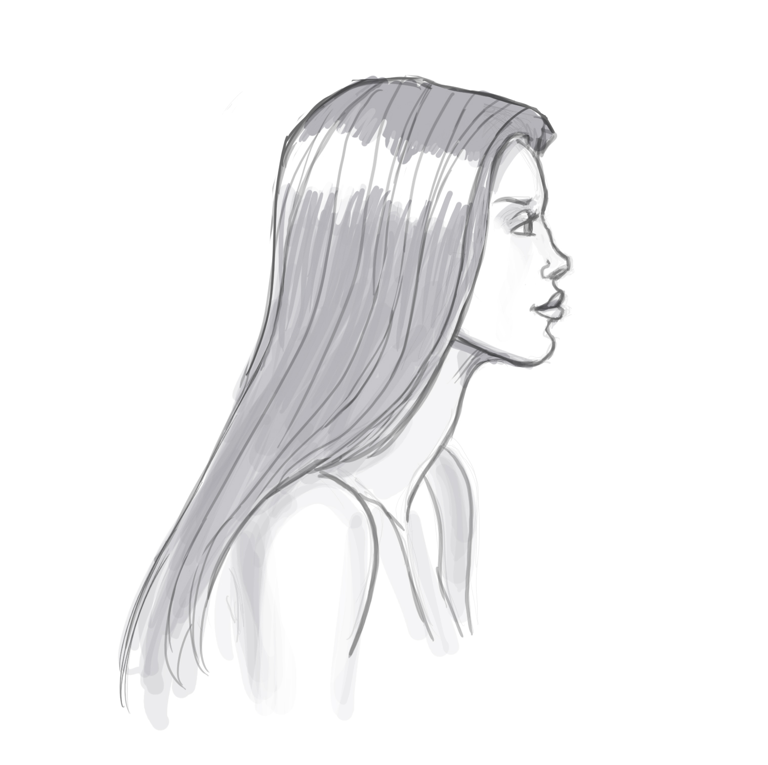 Удлиненный рисунок. Распущенные волосы карандашом. Нарисованные волосы с боку. Девушка в профиль с распущенными волосами. Девушка боком рисунок.