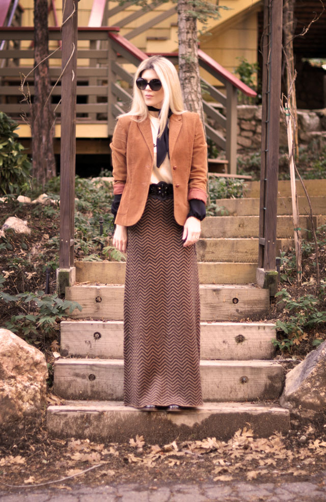 cognac and black outfit, chevron maxi skirt, bonjour sweater