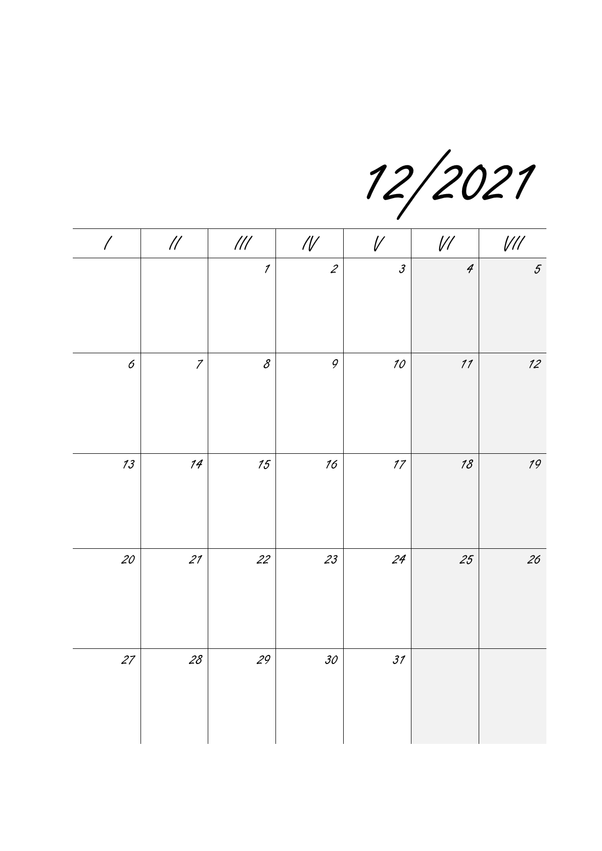 Free 2021 printable December calendar, blank