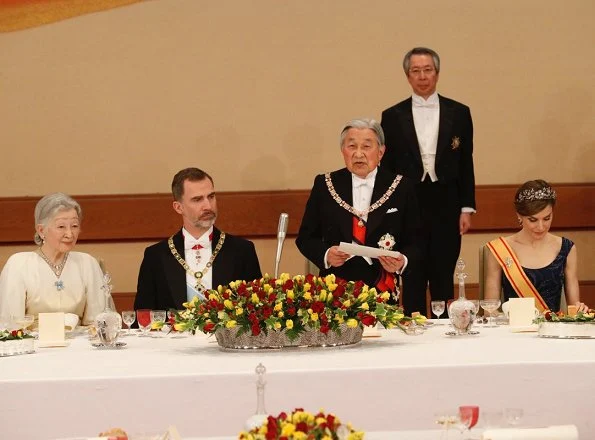 King Felipe VI and Queen Letizia attend the state banquet hosted by Japanese Emperor Akihito and Empress Michiko at the Imperial Palace. Letiza wore a navy blue gown and diamond tiara