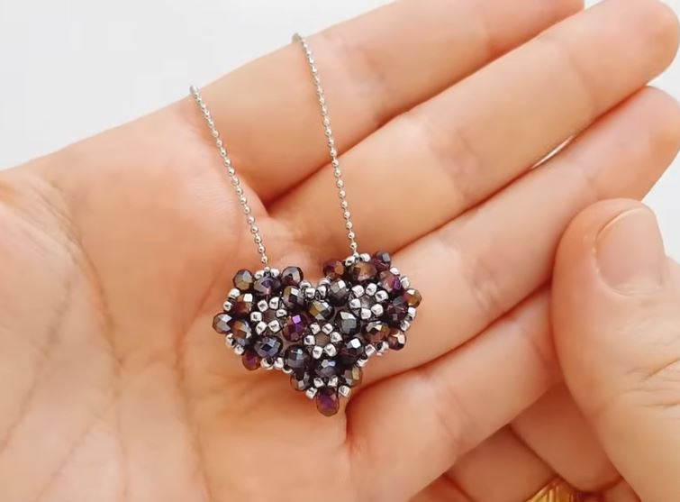 Lovely 3D Beaded Heart Pendant Necklace uses Crystals and Seed Beads