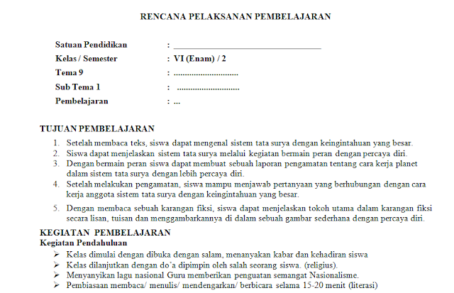 RPP 1 Lembar Kelas 6 SD/MI Tema 9: Menjelajahi Angkasa Luar