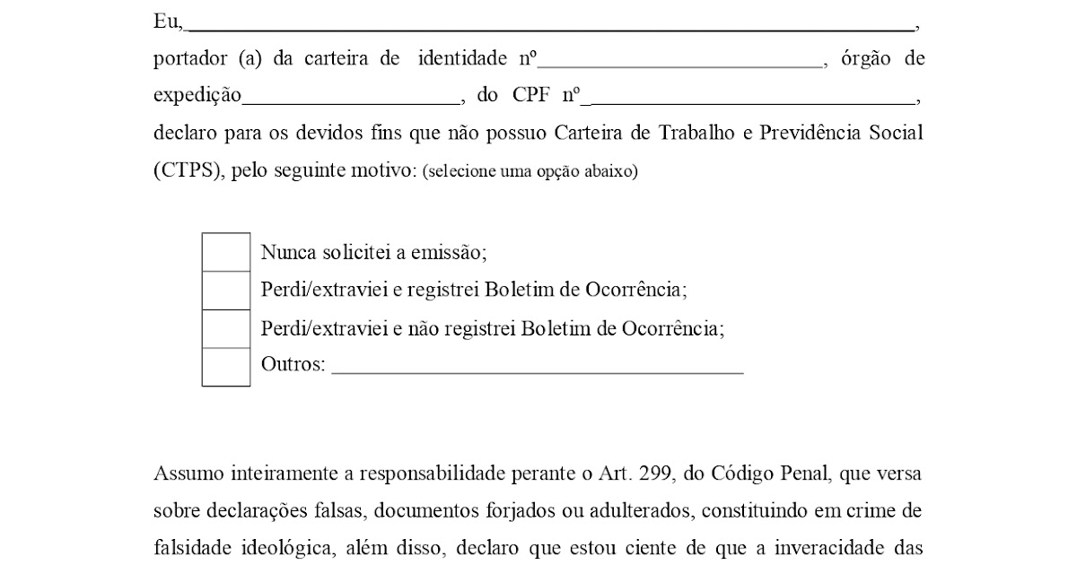 Exemplo De Declaração De Que Nao Tem Carteira De Trabalho
