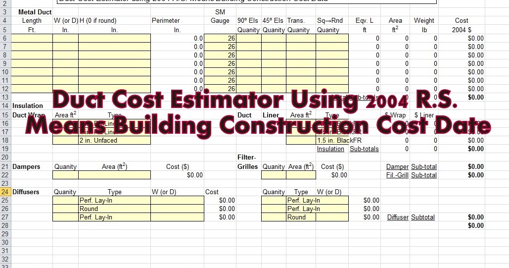 Download Duct Cost Estimator Spreadsheet XLS for Free