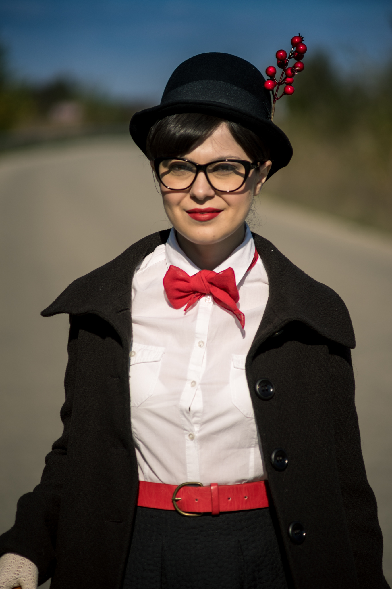 Easy DIY Halloween Costume Mary Poppins white shirt terranova black midi skirt H&M black flats H&M red vintage bag black umbrella tall hat cat eye glasses red belt photoshoot flying