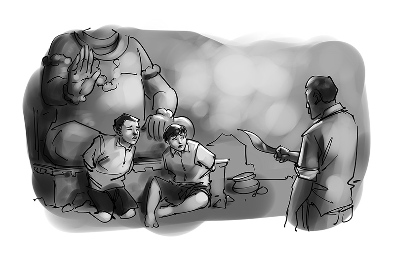 kid's book illustration. black and white drawing for children's magazine. kid's thriller story illustration.