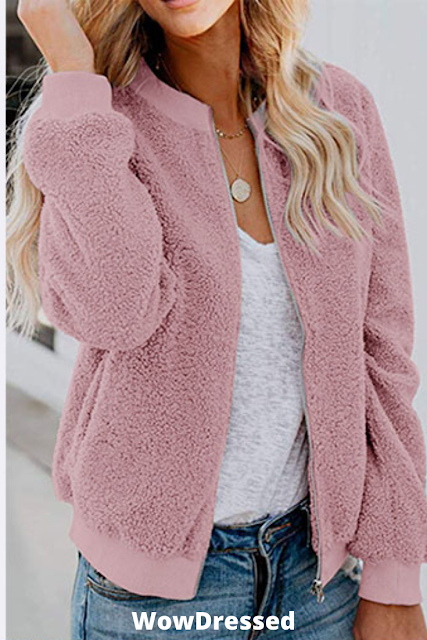MIROL Womens Sherpa Fleece Jacket Faux Fuzzy Long Sleeve Casual Zip Up Bomber Coat with Pockets