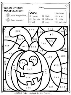 Halloween Color By Number Multiplication Pumpkin and Cat