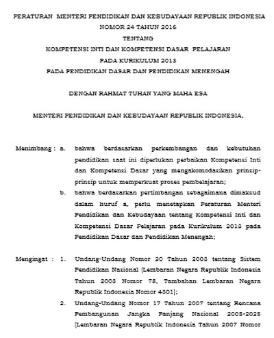 Permendikbud Nomor 24 Tahun 2019 Ki Dan Kd Pelajaran Kurikulum 2013 Pendidikan Elit