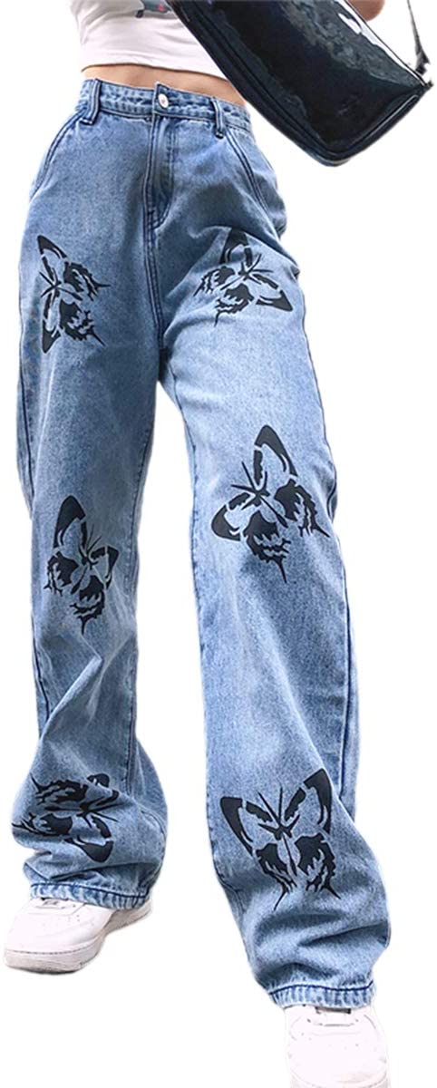 Fashion Butterfly Wide Leg High Waist Denim Pants Stretchy Baggy Loose Streetwear Jeans