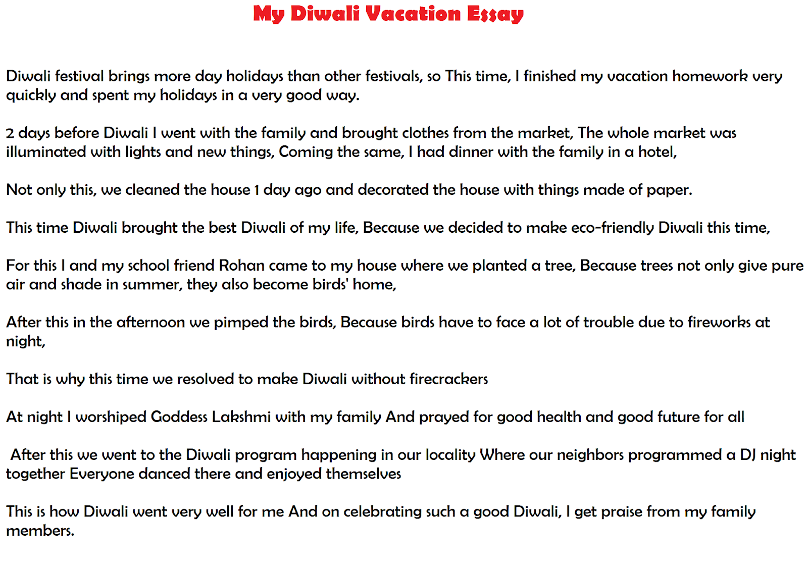 write an essay on how i spent my diwali vacation