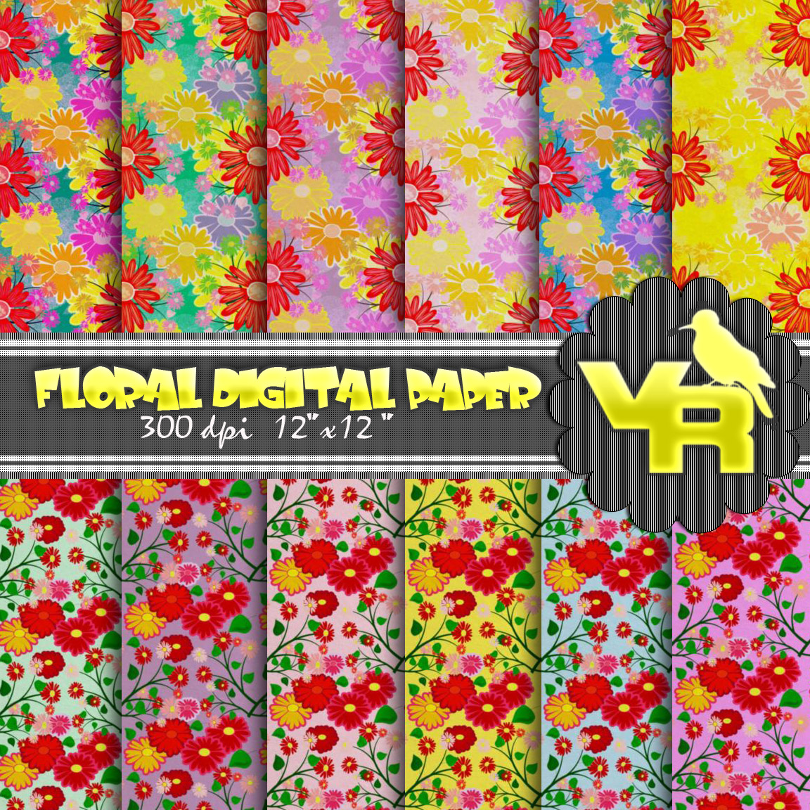 Floral scrapbook paper, Digital Paper Floral, Floral Digital Paper