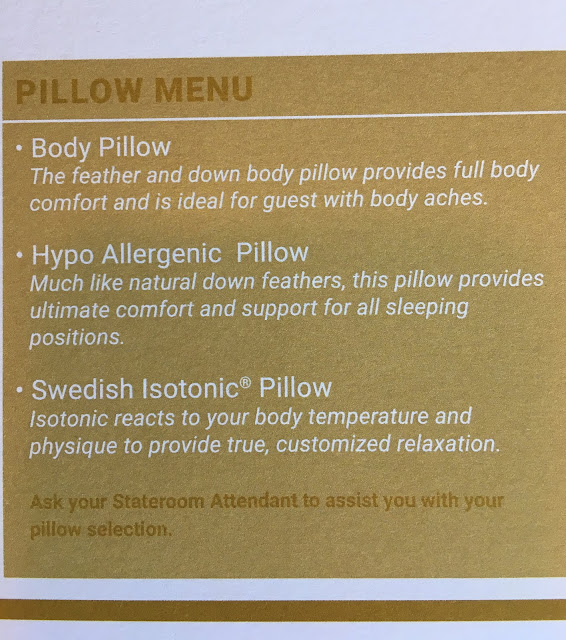 Pillow choices on Celebrity Cruises concierge class
