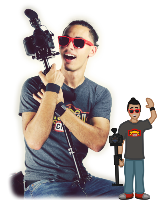 Multi-Award-Winning Filmmaker Brian Holloway Excited Wearing Red Moviergoer Sunglasses Hold His Camera Ready To Film With A Smaller Animation Version Of Brian Holloway Next To Him Waving With A Camera In His Hand